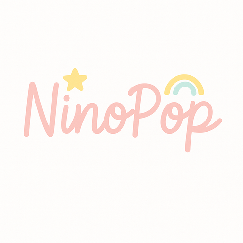 NinoPop logo – soft pink handwritten brand name with a star and pastel rainbow design on a white background